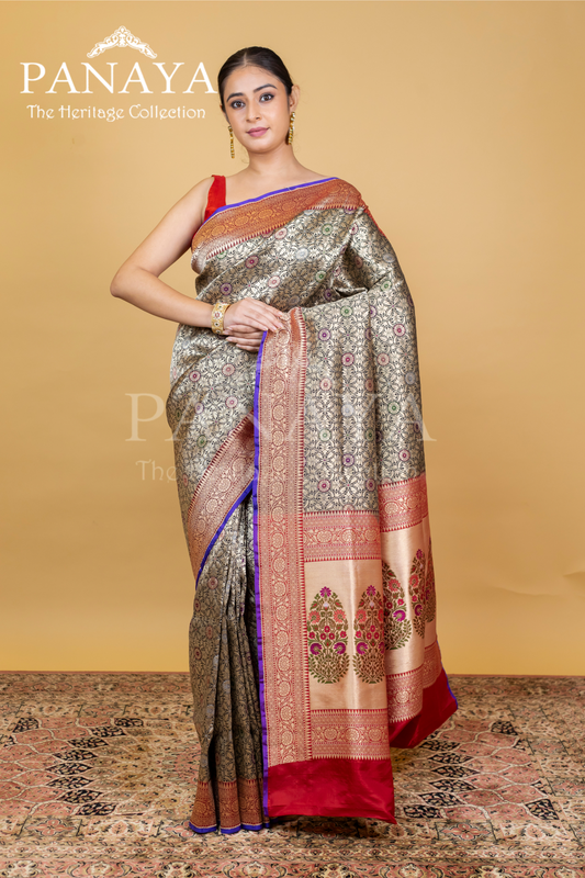Tanchoi Silk Brocade Design With Paithani Anchal With Contast Red Border