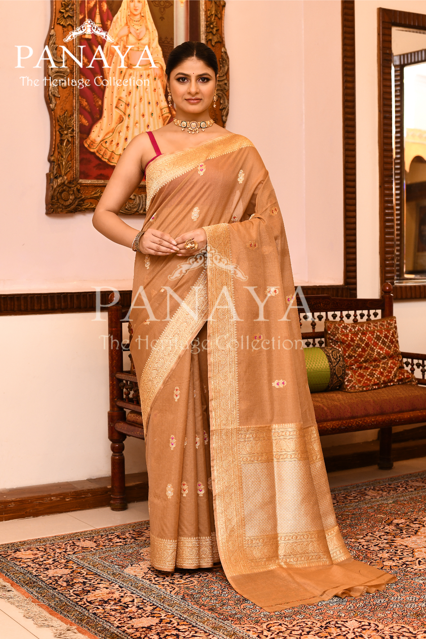 Saree Kora Cotton Silk With Banarasi aanchal & Border with Meenedar Booti
