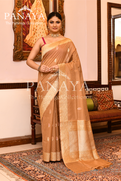 Saree Kora Cotton Silk With Banarasi aanchal & Border with Meenedar Booti