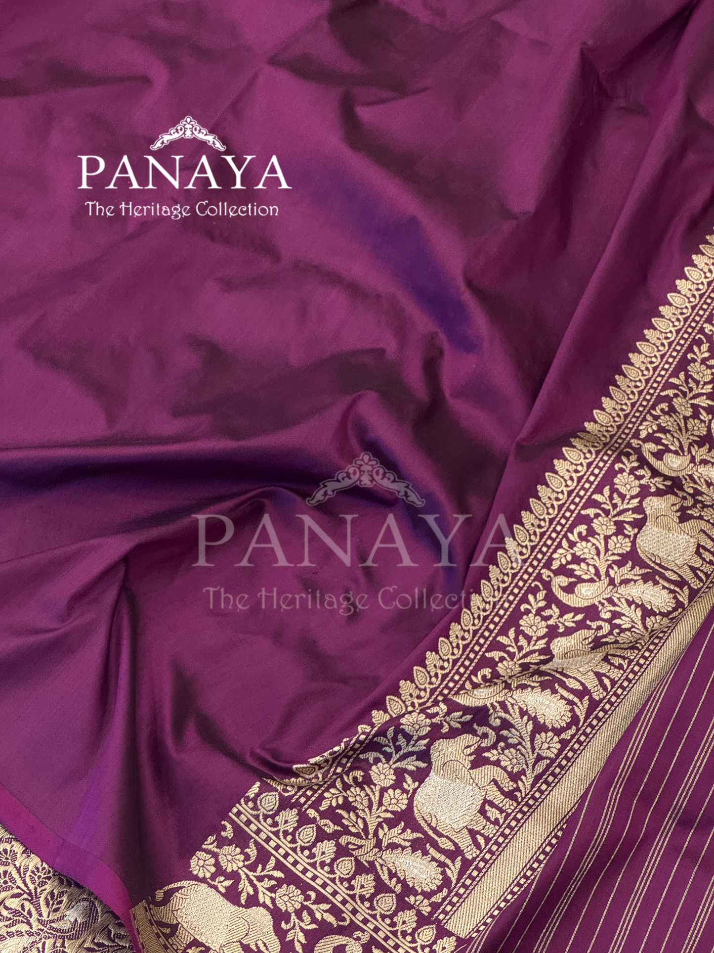 Saree Katan Silk Shikargah Design with Banarasi aanchal & Border with gold & Silver Zari Work