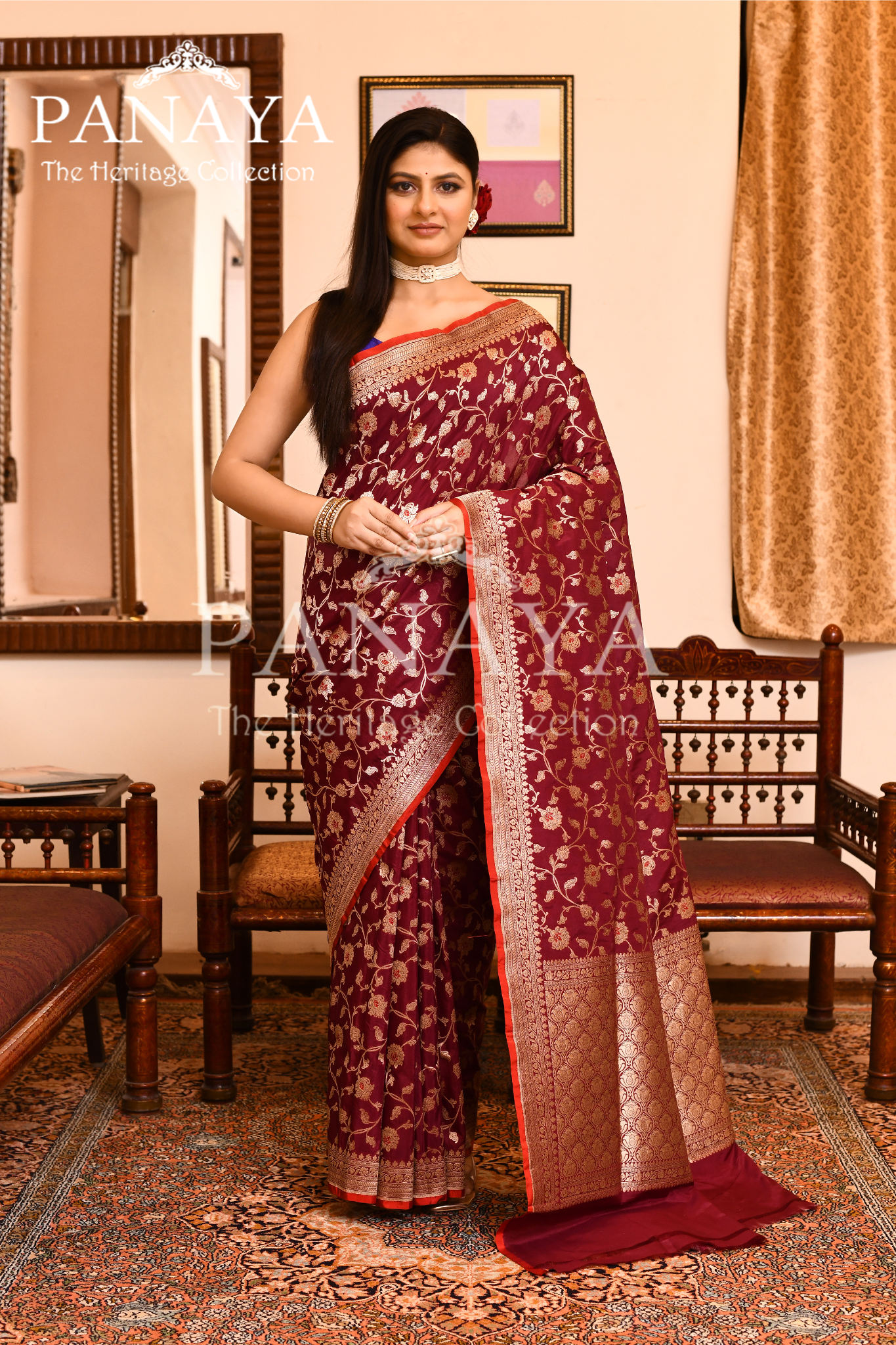 Saree Katan Silk Semi Handwoven with Banrasi Aanchal & Border with Gold & Silver Meenedar Jaal Design