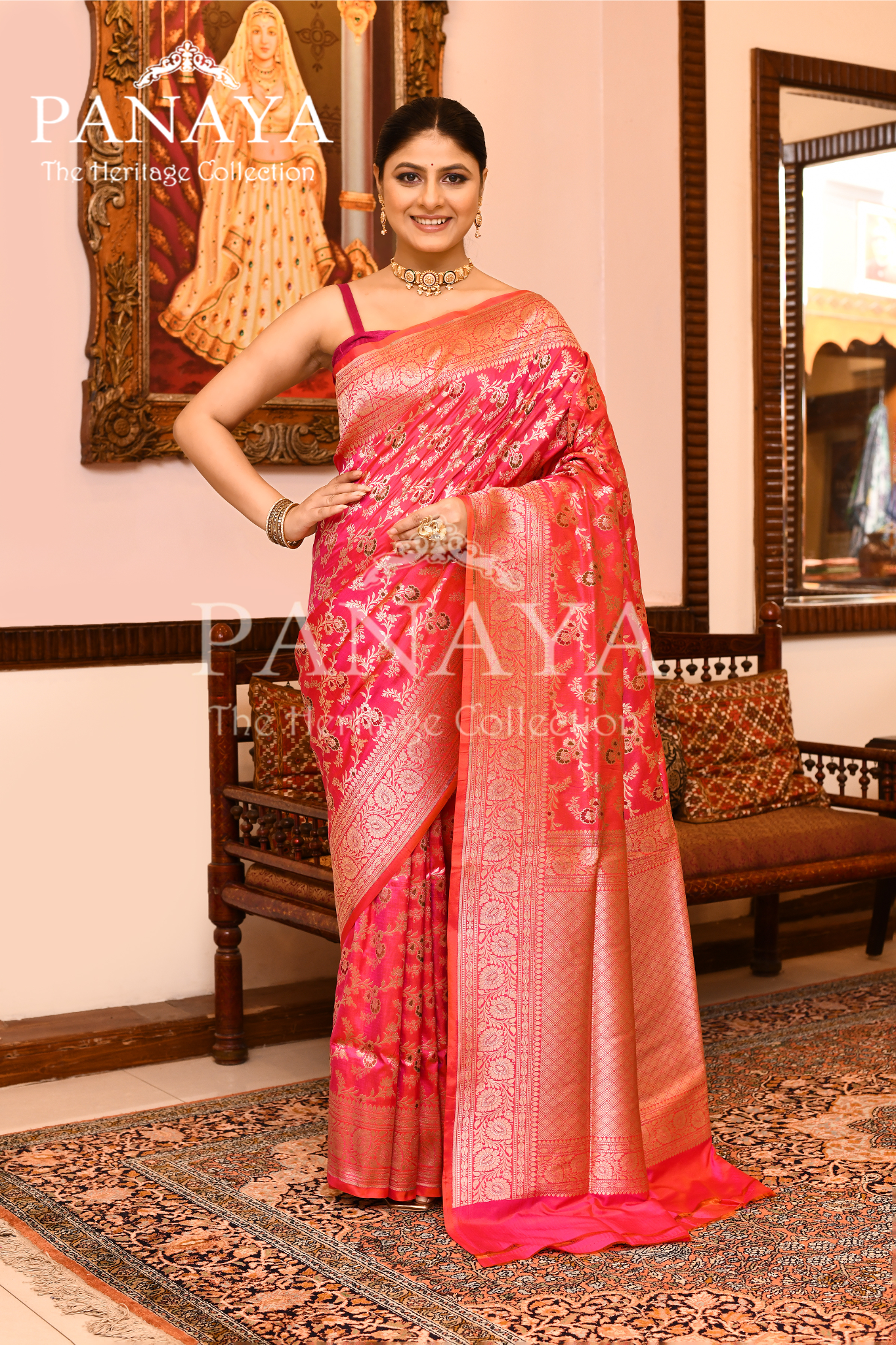 Saree Katan Silk Semi Handwoven with Banrasi Aanchal & Border with Gold & Silver Meenedar Jaal Design