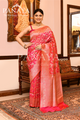 Saree Katan Silk Semi Handwoven with Banrasi Aanchal & Border with Gold & Silver Meenedar Jaal Design