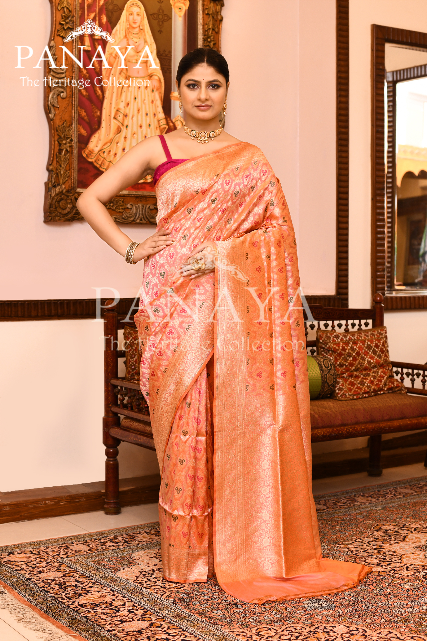 Saree Katan Silk Semi Handwoven with Banrasi Aanchal & Border with Gold & Silver Meenedar Jaal Design