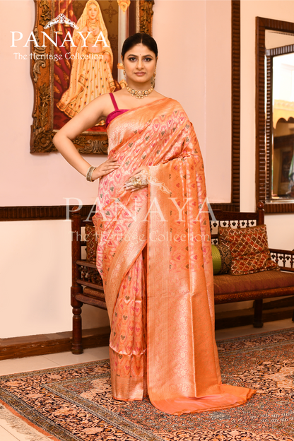 Saree Katan Silk Semi Handwoven with Banrasi Aanchal & Border with Gold & Silver Meenedar Jaal Design