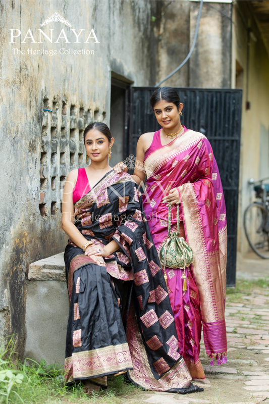 Handloom Katan Silk With Square Heritage Buta Zari Resham Meenakari Work