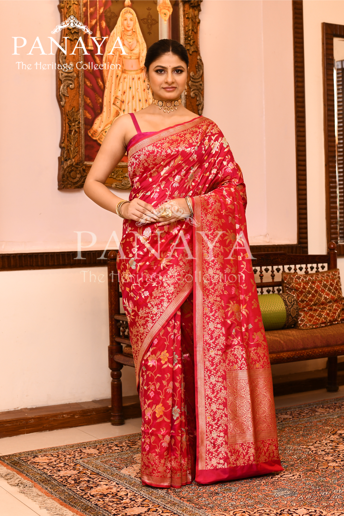 Saree Katan Silk Handwoven with Banrasi Aanchal & Border with Gold & Silver Meenedar Jaal Design