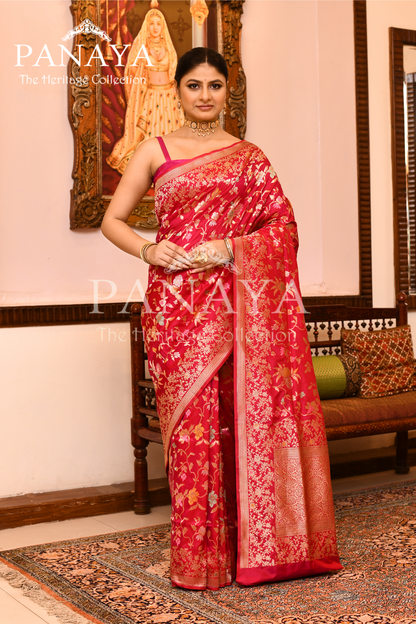 Saree Katan Silk Handwoven with Banrasi Aanchal & Border with Gold & Silver Meenedar Jaal Design