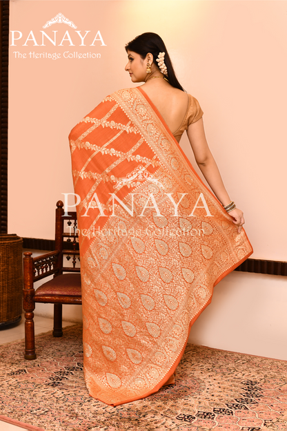 Saree Munga Silk Semi Handloom with Jaal Design with Banarasi aanchal & Border