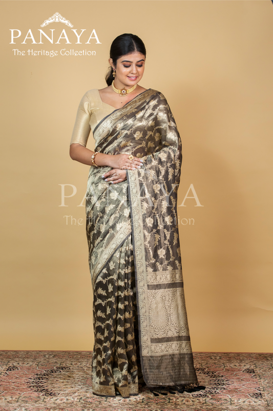 Tissue Silk Zaal Design With Gold Zari And Kairi Anchal