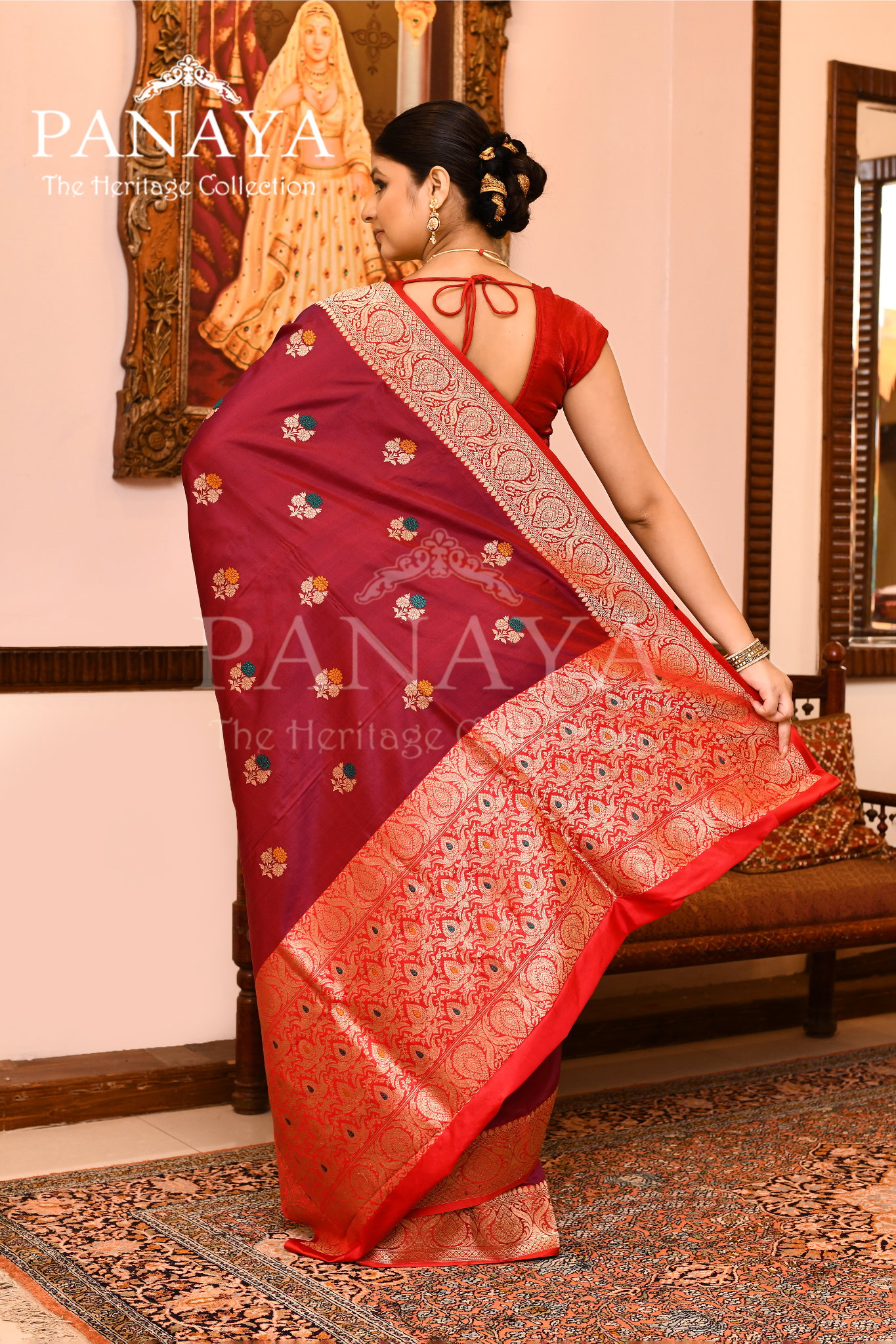 Saree Katan Silk with Contrast Banarasi Aanchal & Border with Gold Zari meenedar  Boota Design