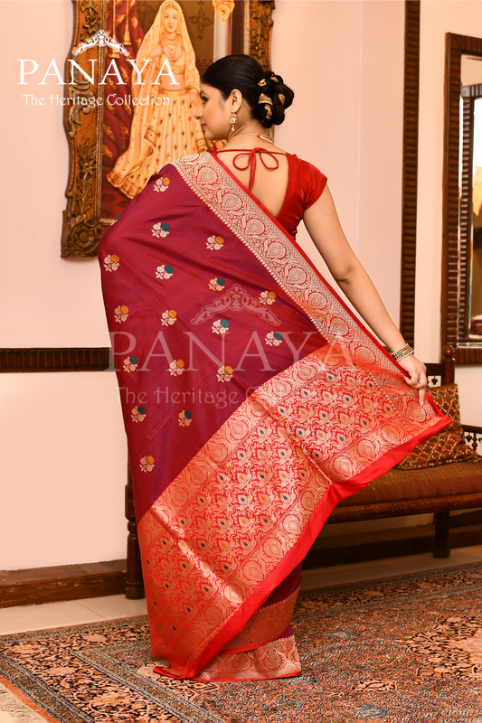 Saree Katan Silk with Contrast Banarasi Aanchal & Border with Gold Zari meenedar  Boota Design