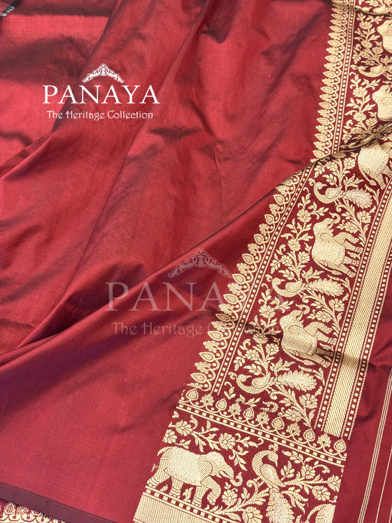 Saree Katan Silk Shikargah Design with Banarasi aanchal & Border with gold & Silver Zari Work