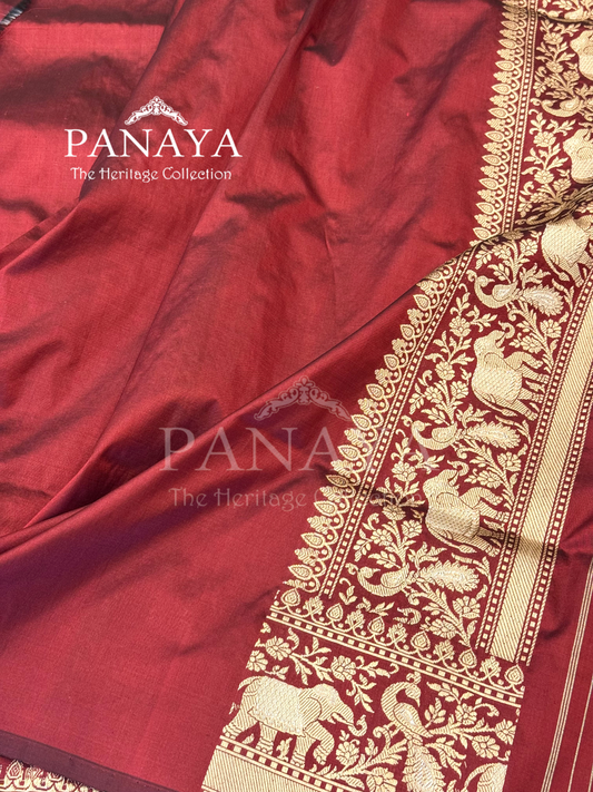 Saree Katan Silk Shikargah Design with Banarasi aanchal & Border with gold & Silver Zari Work