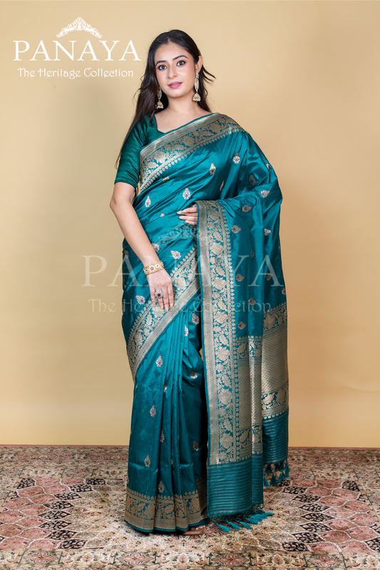 Meena Buti Katan Silk Handloom With Banarsi Anchal Zari Work Border