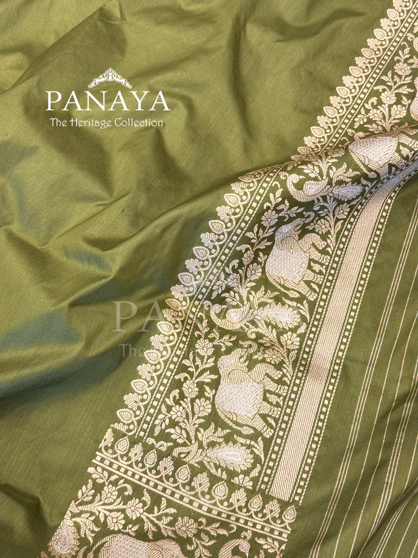 Saree Katan Silk Shikargah Design with Banarasi aanchal & Border with gold & Silver Zari Work