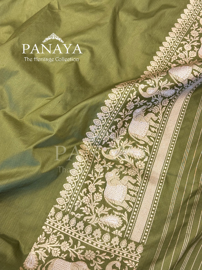 Saree Katan Silk Shikargah Design with Banarasi aanchal & Border with gold & Silver Zari Work