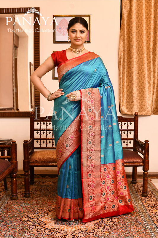 Saree Katan Silk with Contrast Banarasi Aanchal & Border with Gold Zari Boota Design