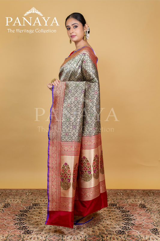 Tanchoi Silk Brocade Design With Paithani Anchal With Contast Red Border
