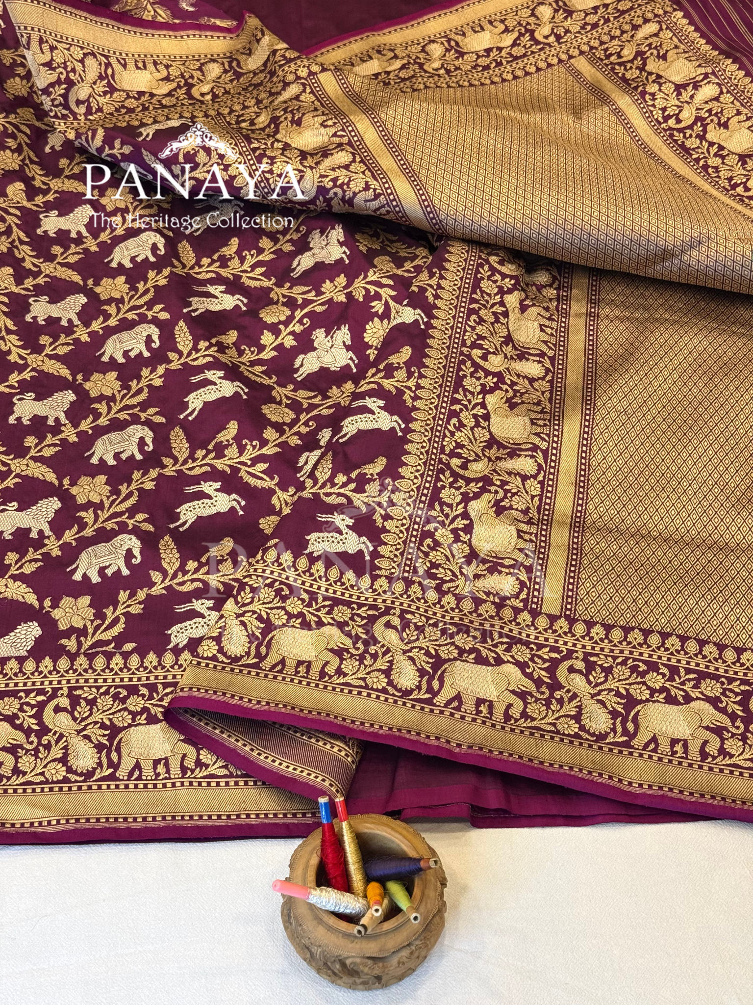 Saree Katan Silk Shikargah Design with Banarasi aanchal & Border with gold & Silver Zari Work