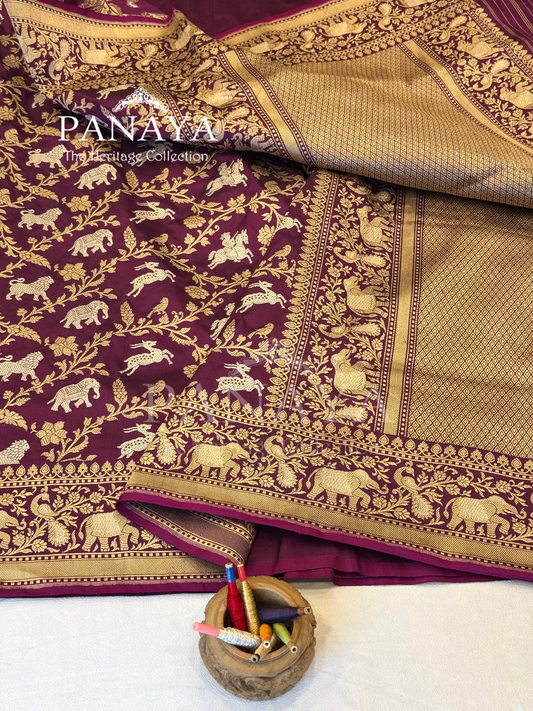 Saree Katan Silk Shikargah Design with Banarasi aanchal & Border with gold & Silver Zari Work