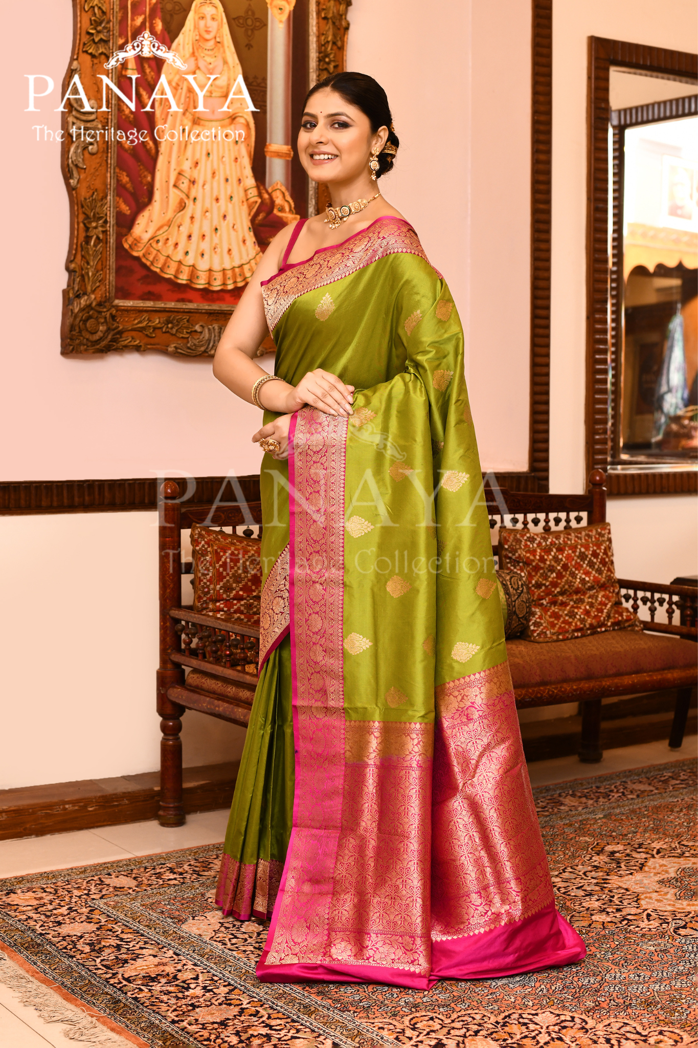 Saree Katan Silk with Contrast Banarasi Aanchal & Border with Gold Zari Boota Design