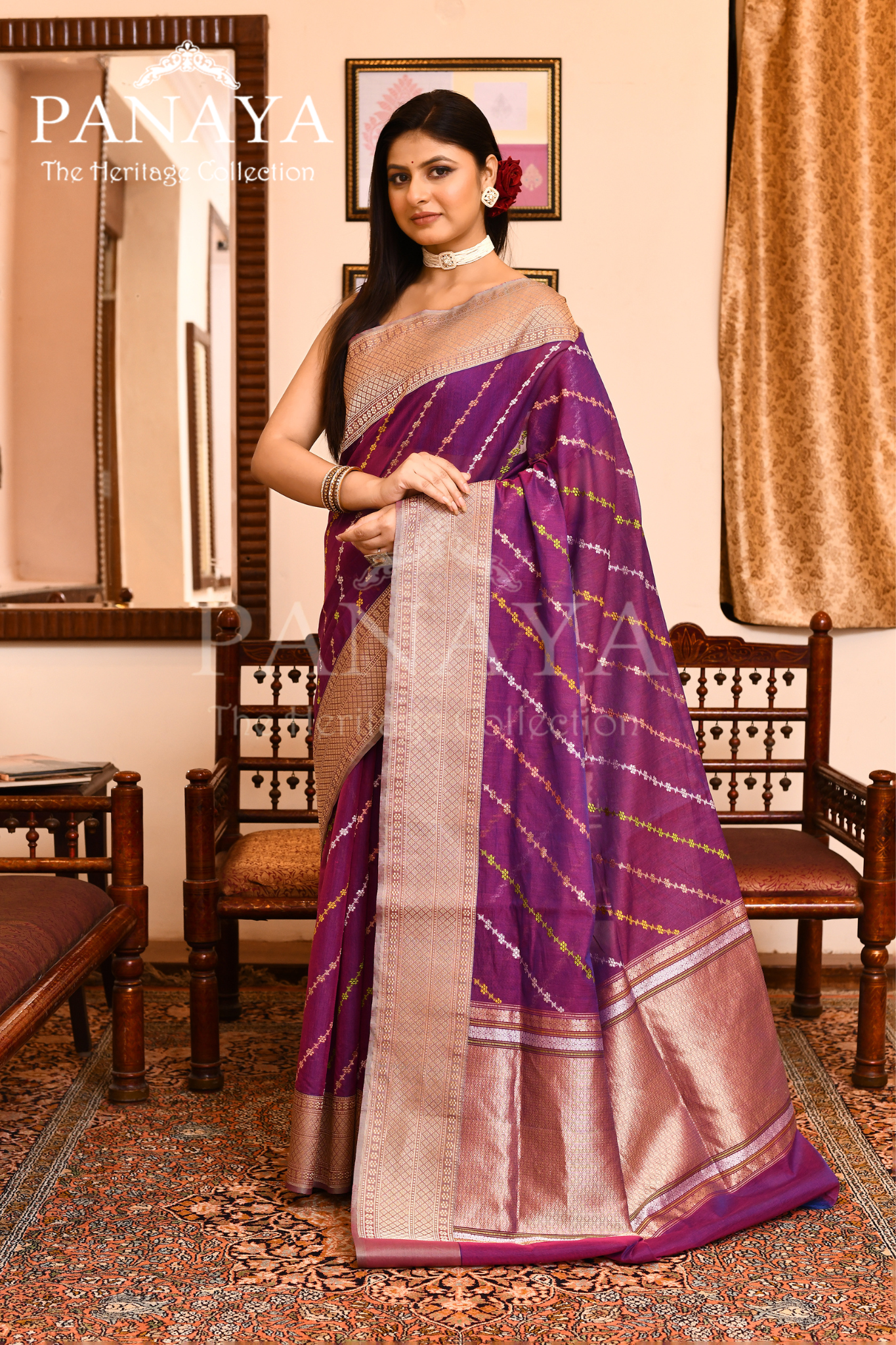 Saree Kora cotton Silk with Banrasi Aanchal & Border with Meenedar Aada Design