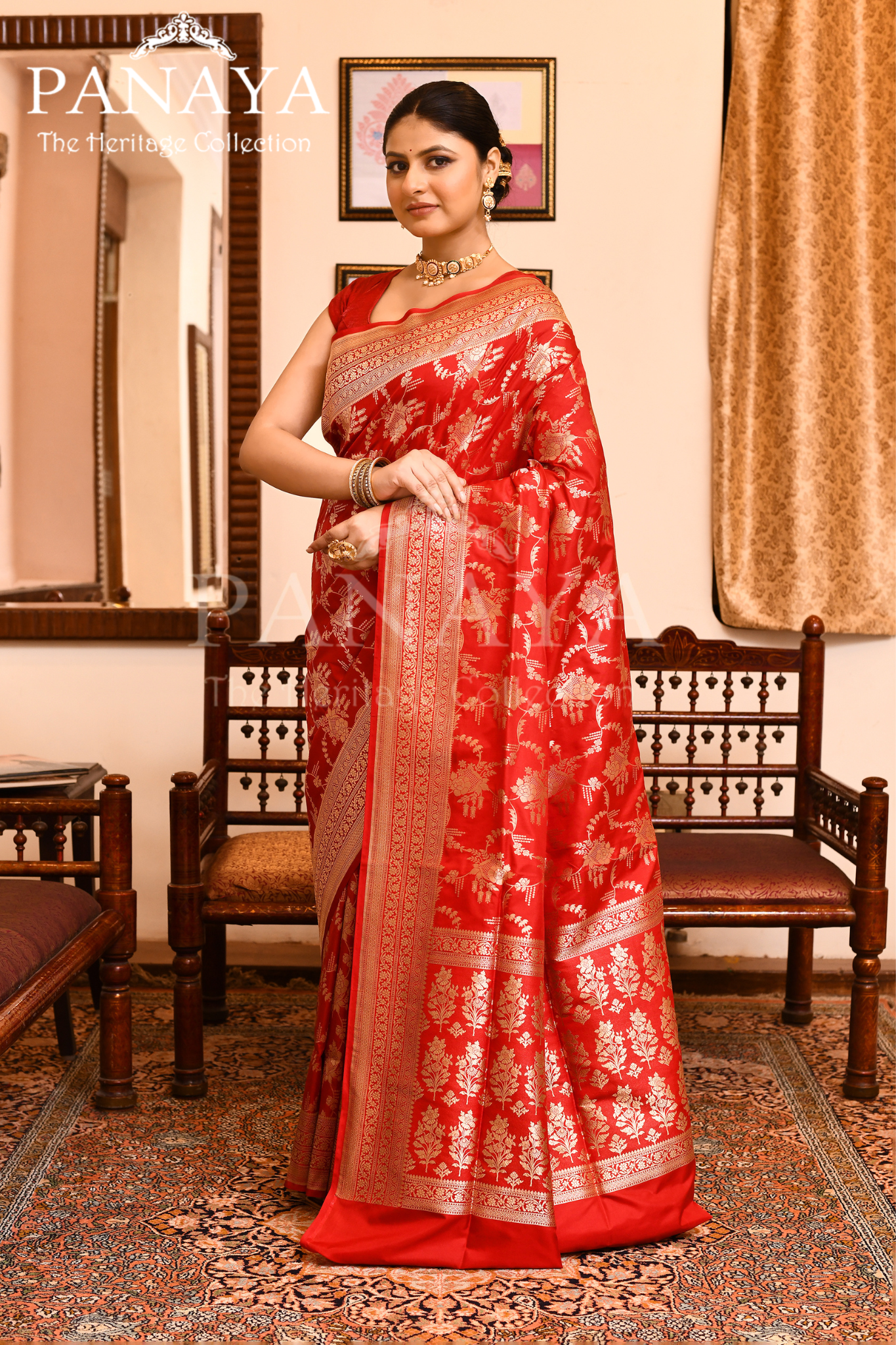 Saree Katan Silk Semi Handwoven with Banrasi Aanchal & Border with Gold & Silver Meenedar Jaal Design