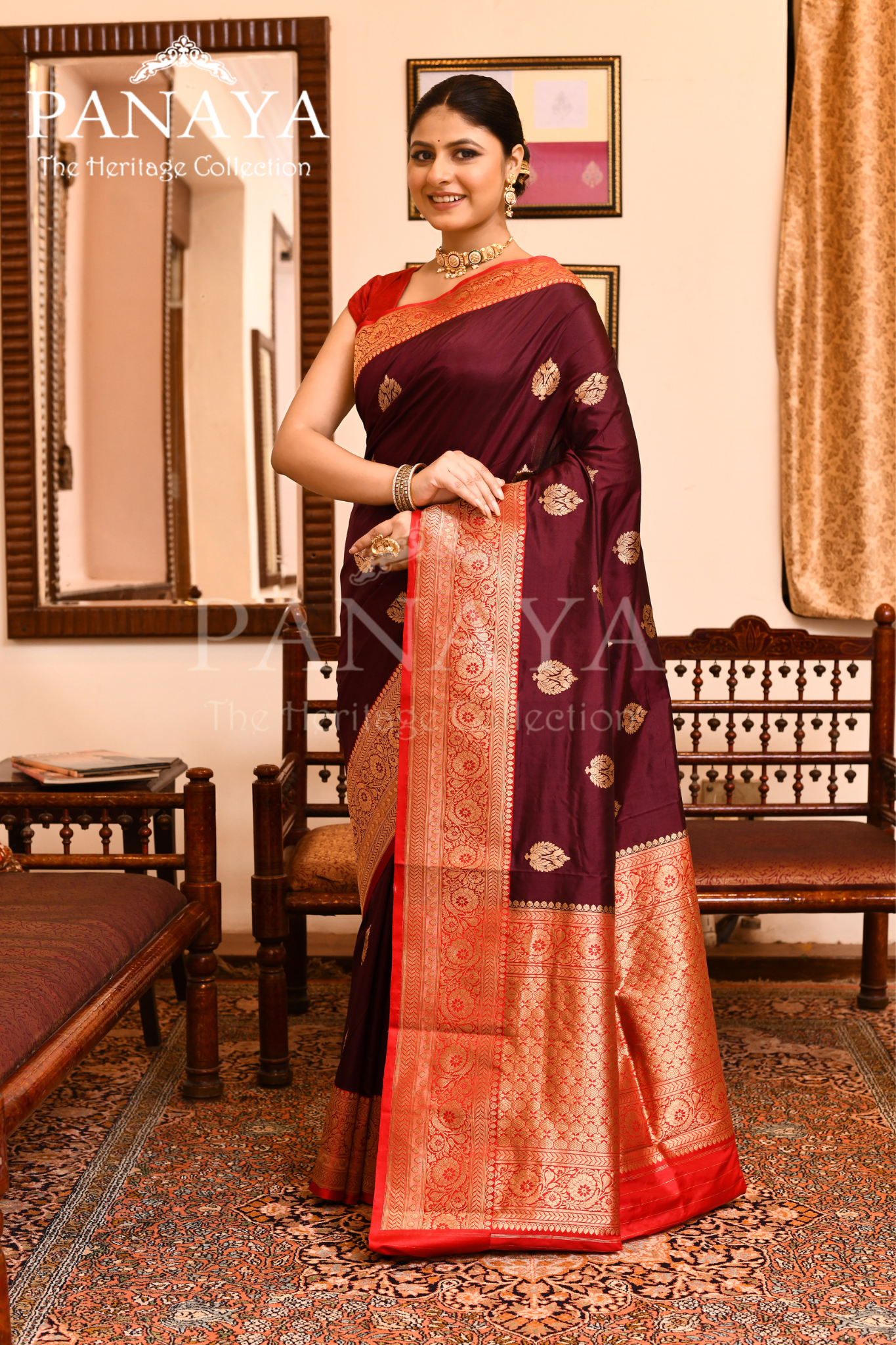 Saree Katan Silk with Contrast Banarasi Aanchal & Border with Gold Zari Boota Design