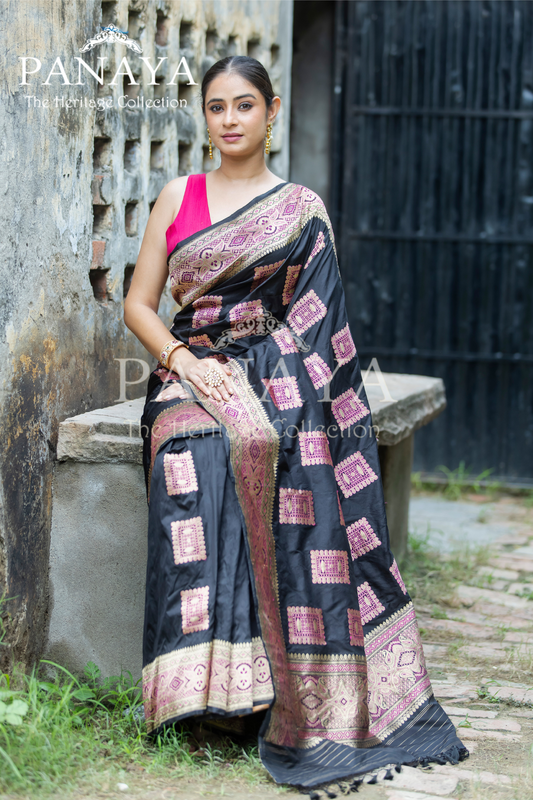 Handloom Katan Silk With Square Heritage Buta Zari Resham Meenakari Work