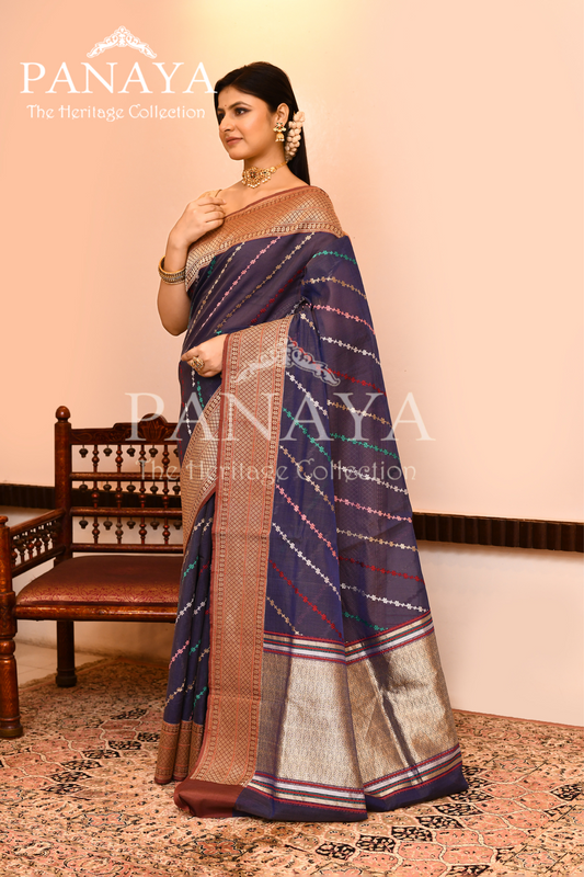 Saree Kora cotton Silk with Banrasi Aanchal & Border with Meenedar Aada Design