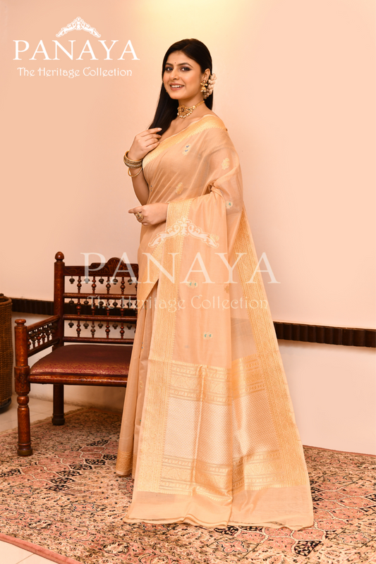 Saree Kora Cotton Silk With Banarasi aanchal & Border with Meenedar Booti