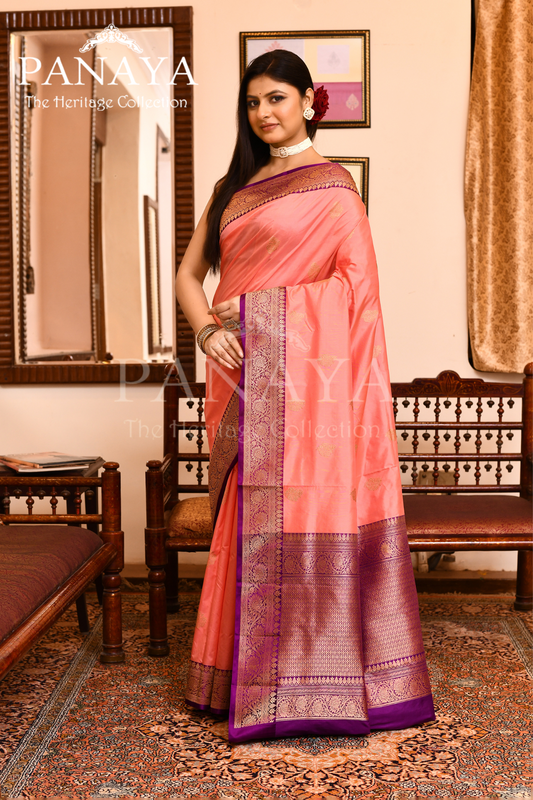 Saree Katan Silk with Contrast Banarasi Aanchal & Border with Gold Zari Boota Design