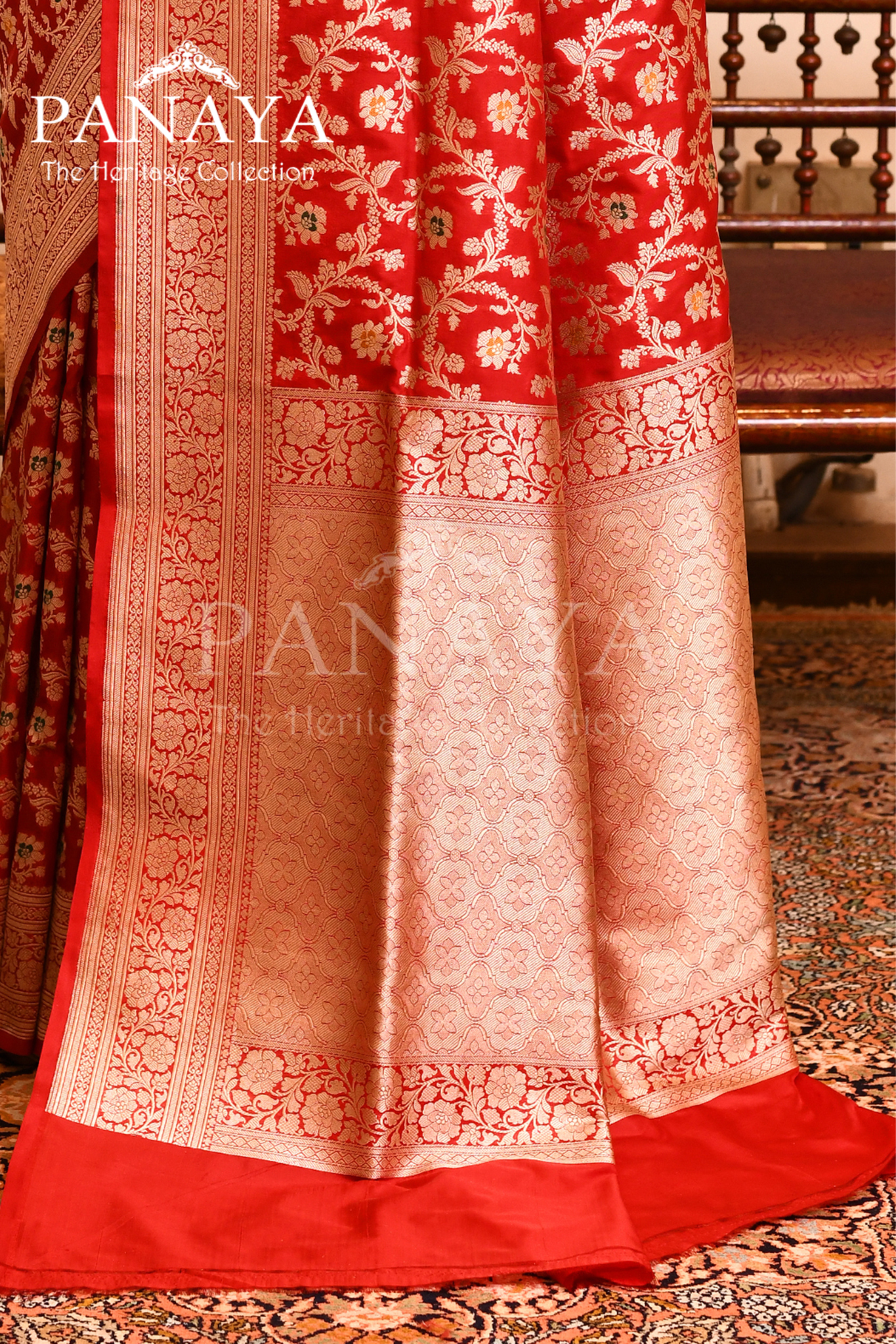 Saree Katan Silk Semi Handwoven with Banrasi Aanchal & Border with Gold & Silver Meenedar Jaal Design