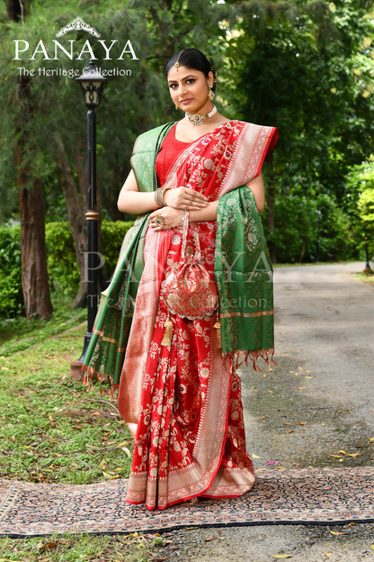 Saree Katan Silk Handwoven with Banrasi Aanchal & Border with Gold & Silver Meenedar Jaal Design