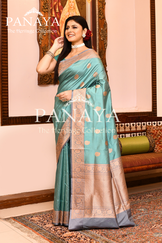 Saree Katan Silk with Contrast Banarasi Aanchal & Border with Gold Zari Boota Design
