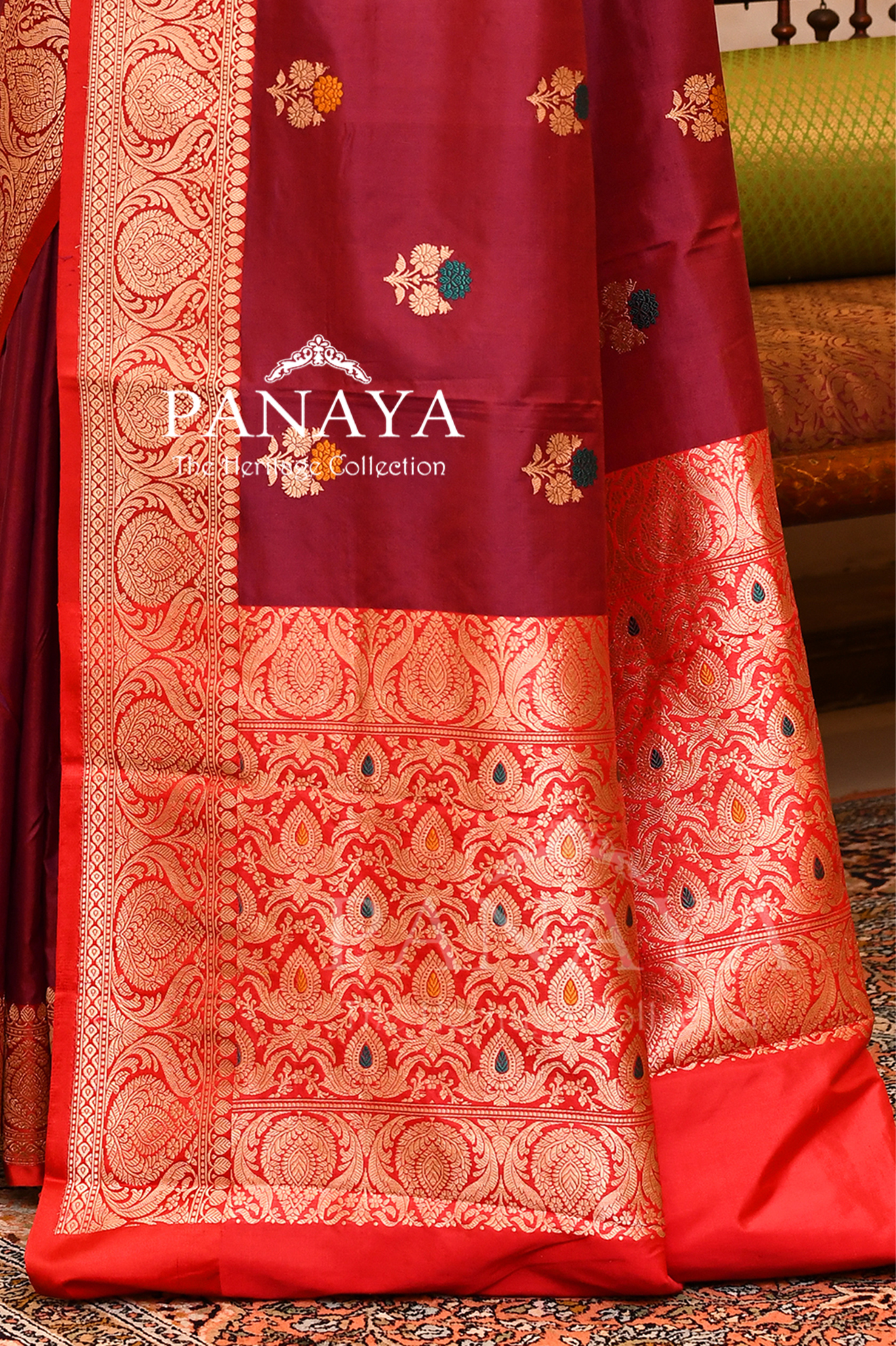 Saree Katan Silk with Contrast Banarasi Aanchal & Border with Gold Zari meenedar  Boota Design