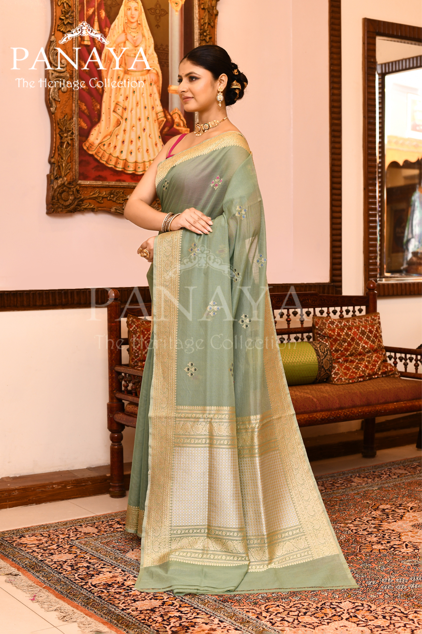 Saree Kora Cotton Silk With Banarasi aanchal & Border with Meenedar Booti