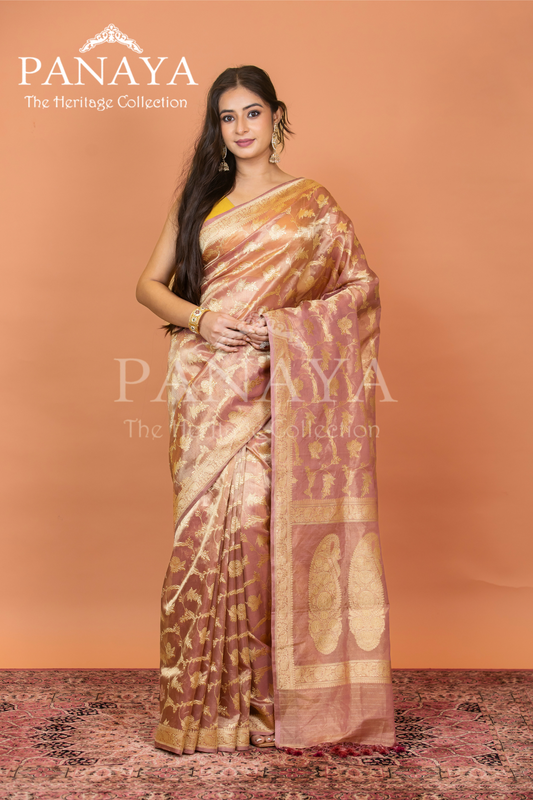 Tissue Silk Zaal Design With Gold Zari And Kairi Anchal