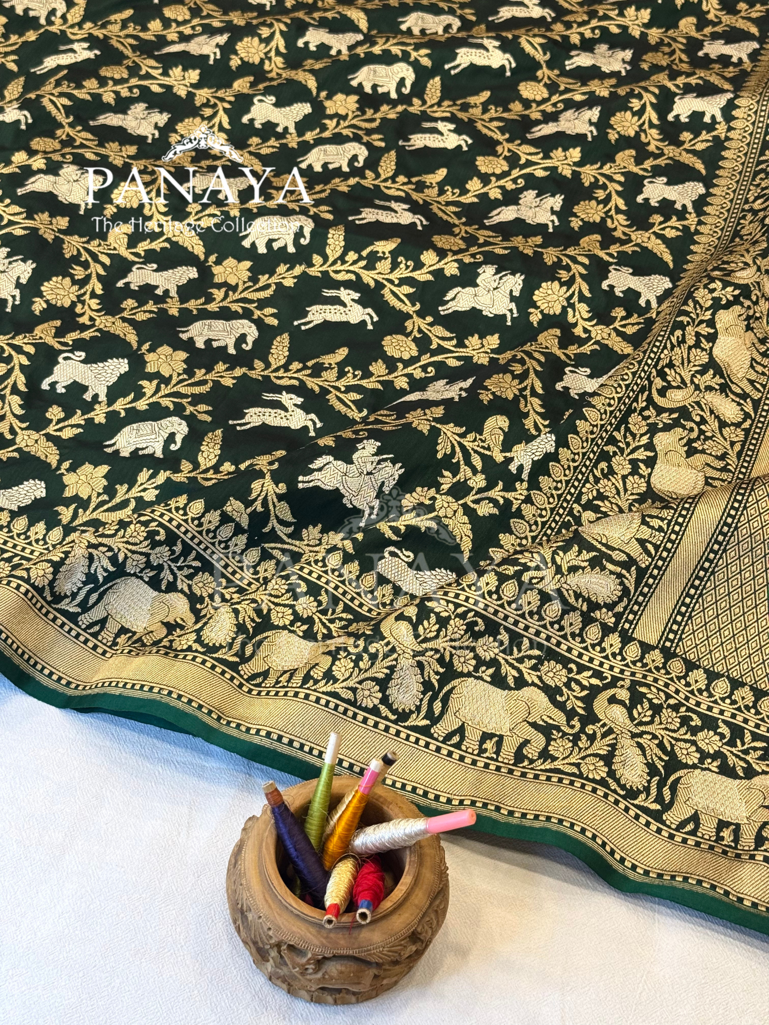Saree Katan Silk Shikargah Design with Banarasi aanchal & Border with gold & Silver Zari Work