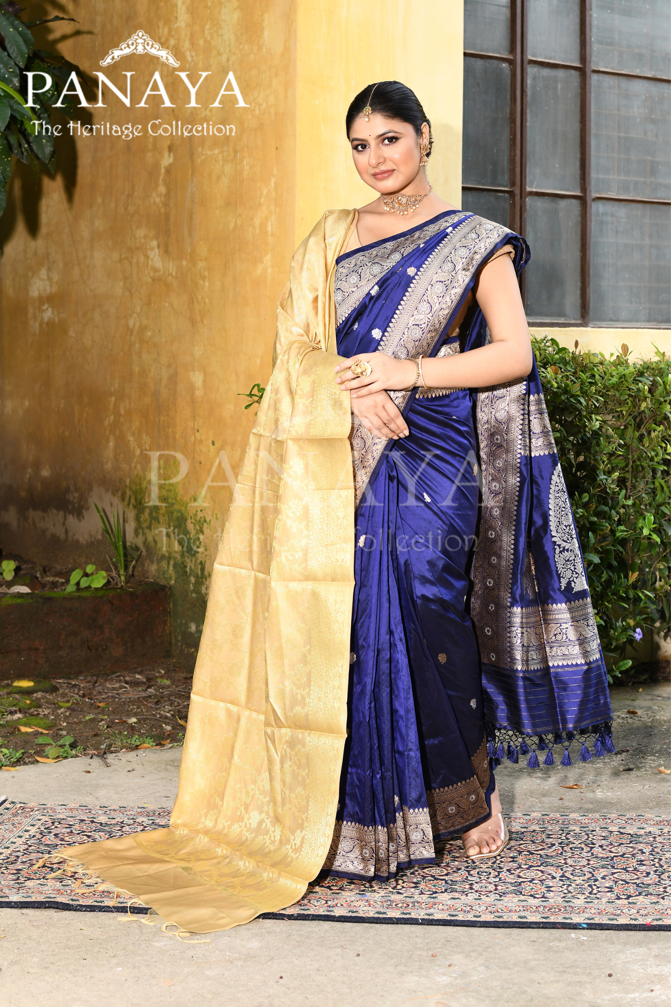 Saree Katan Silk Handwoven with Banrasi Aanchal & Border with Gold & Silver Booti & Konia