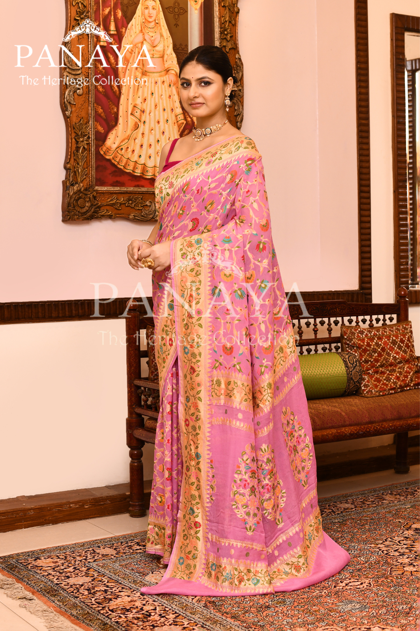 Saree Georgette Khaddi Jaal Design with Banarasi aanchal & Border with Meena Work