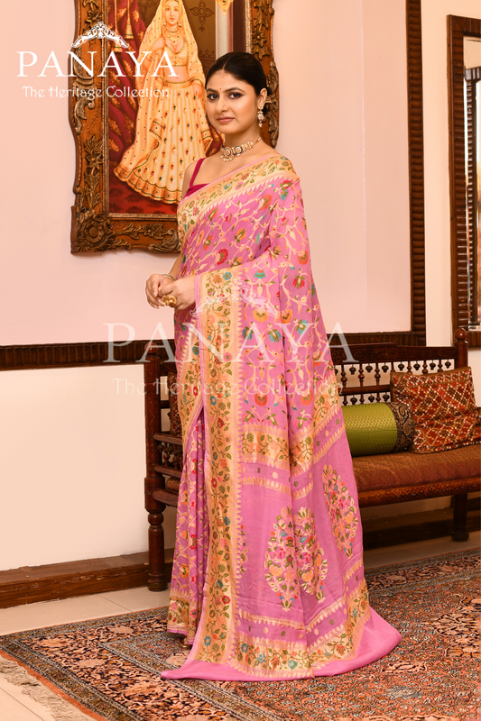 Saree Georgette Khaddi Jaal Design with Banarasi aanchal & Border with Meena Work
