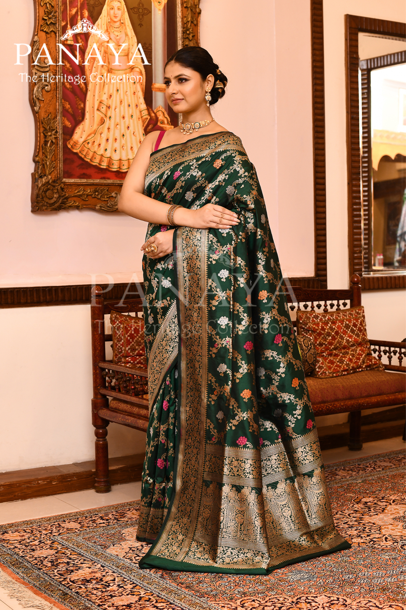 Saree Katan Silk Handwoven with Banrasi Aanchal & Border with Gold & Silver Meenedar Jaal Design