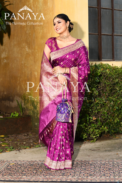 Saree Katan Silk Handwoven with Banrasi Aanchal & Border with Gold & Silver Booti
