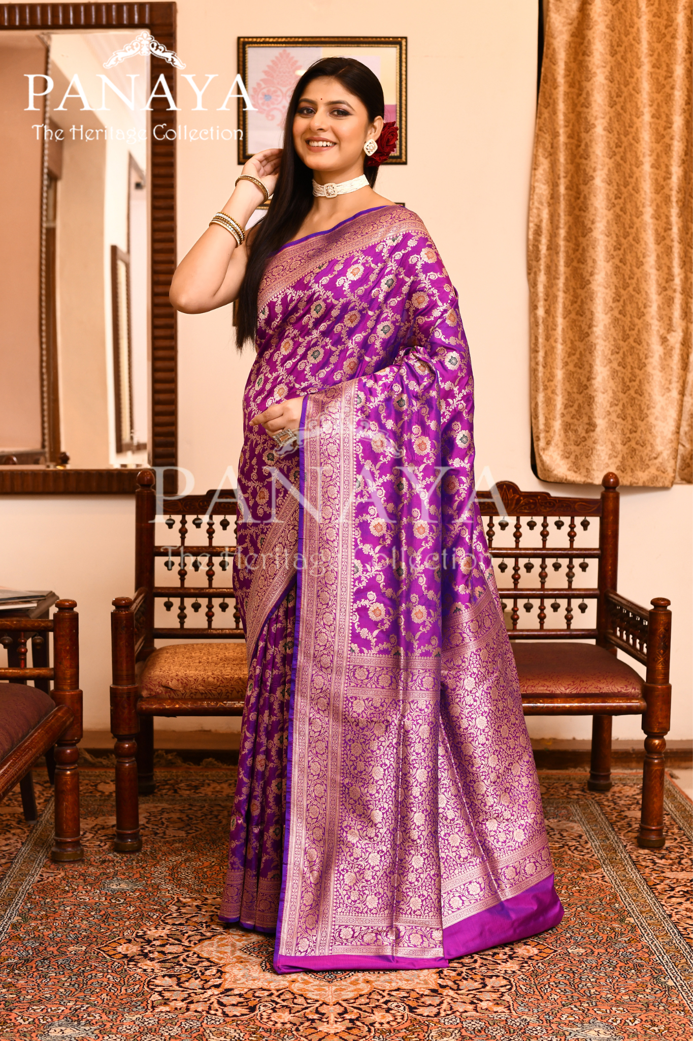 Saree Katan Silk Semi Handwoven with Banrasi Aanchal & Border with Gold & Silver Meenedar Jaal Design