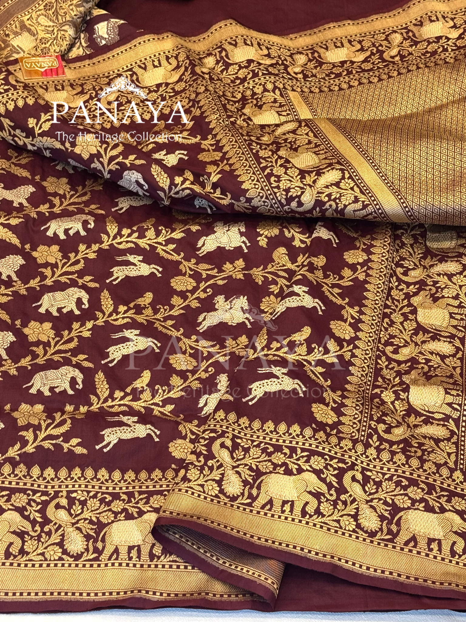 Saree Katan Silk Shikargah Design with Banarasi aanchal & Border with gold & Silver Zari Work