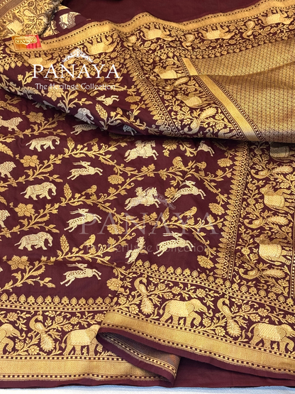 Saree Katan Silk Shikargah Design with Banarasi aanchal & Border with gold & Silver Zari Work