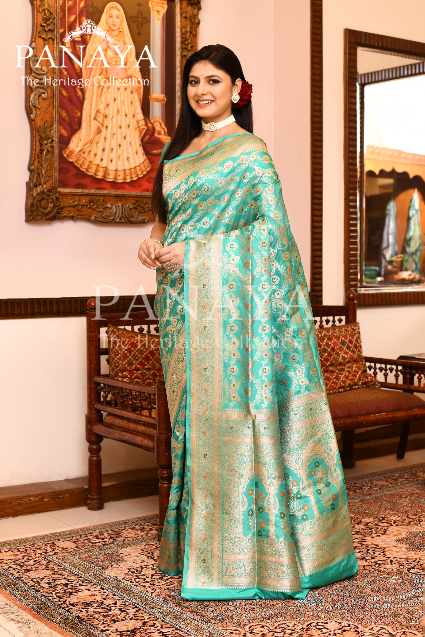 Saree Katan Silk Semi Handwoven with Banrasi Aanchal & Border with Gold & Silver Meenedar Jaal Design