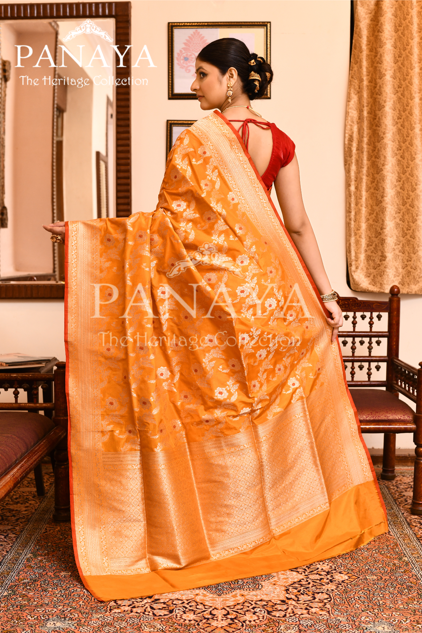 Saree Katan Silk Semi Handwoven with Banrasi Aanchal & Border with Gold & Silver Meenedar Jaal Design